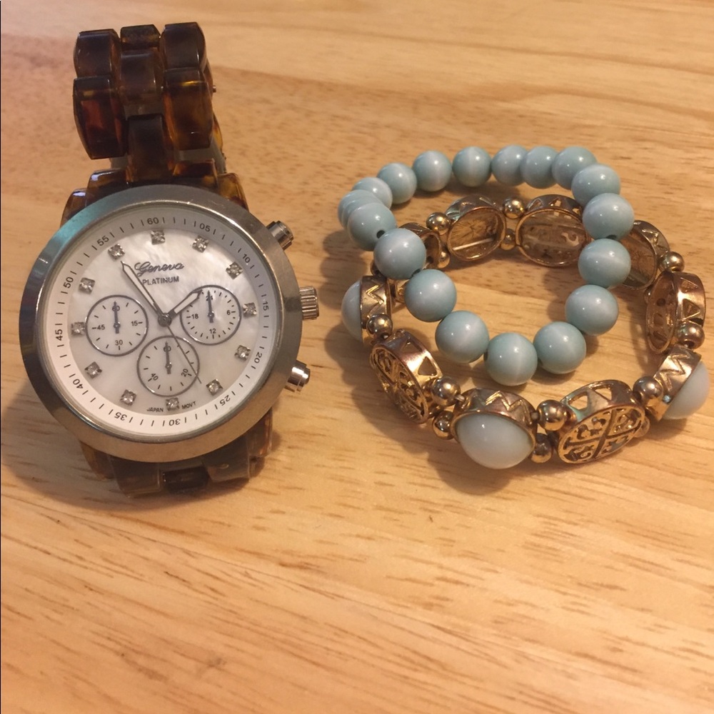 Tortoise shell watch aqua bracelet set