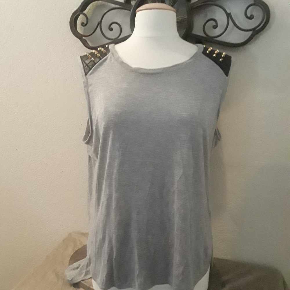 Gray Hi low sleeveless top with black leather