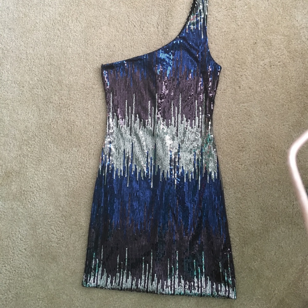 One shoulder blue, purple, and silver dress