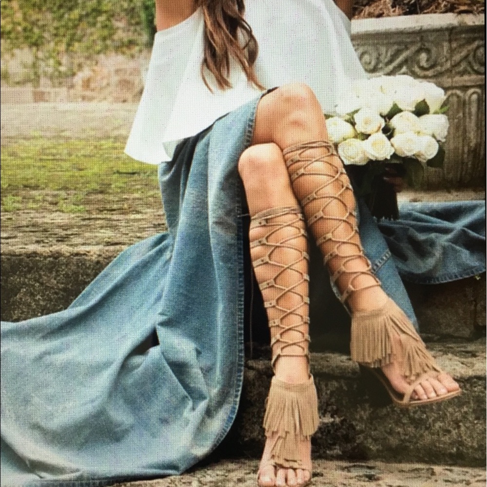 Mia- Anthropologie gladiator Hobo Fringe knee high sandals brown leather 7