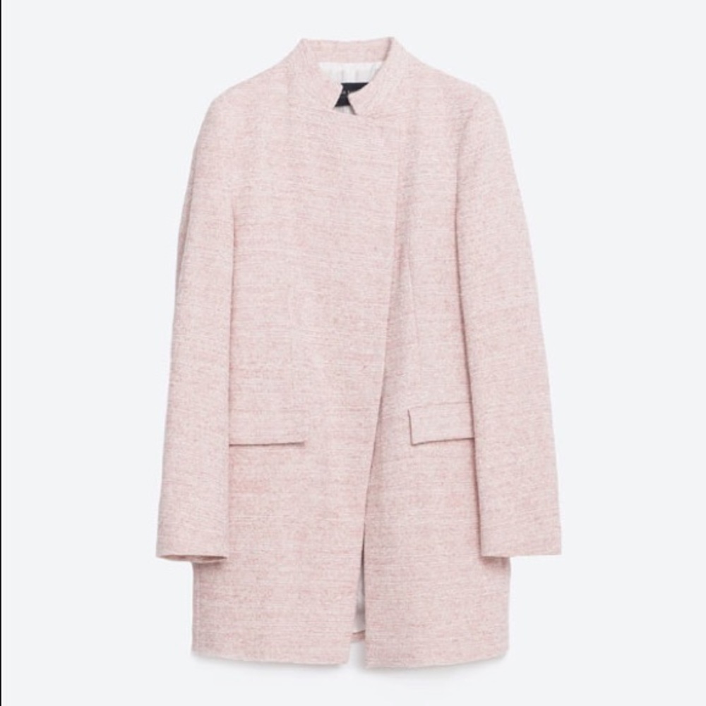 {Zara} Pink Long Asymmetric Collar Woven Coat EUC