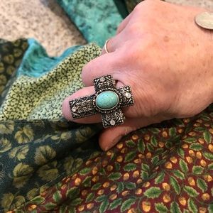 Silver crucifix, cross ring w/ faux turquoise
