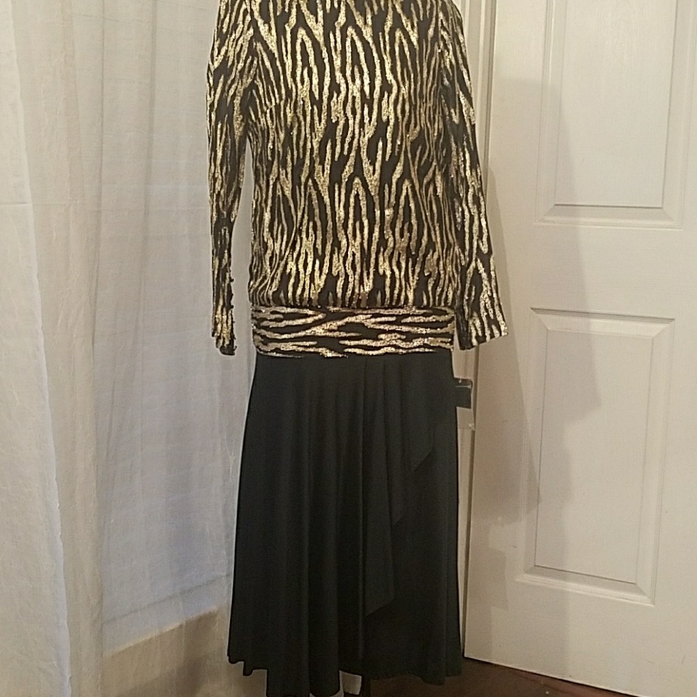 1980s Disco gold black dropped waist Ursula dress