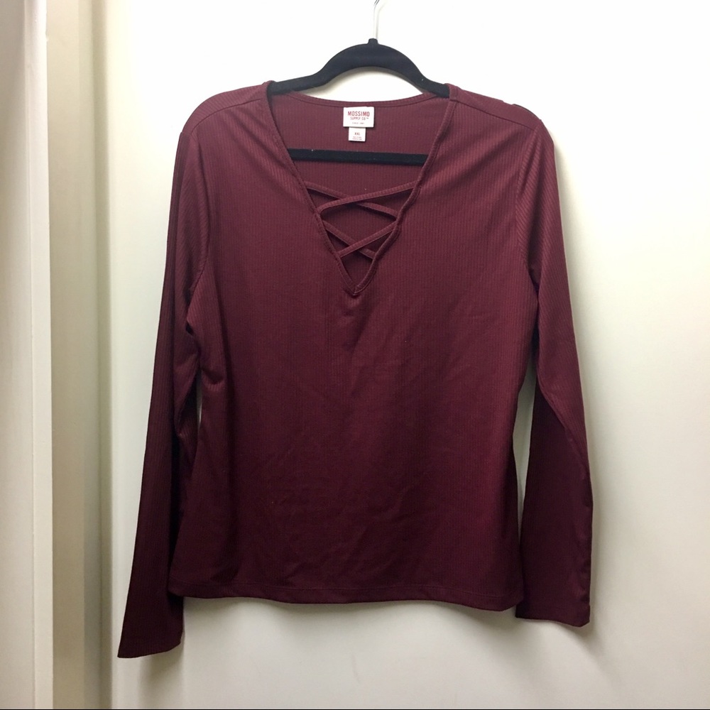 Burgundy V-Neck Cross Cross Long sleeve Shirt