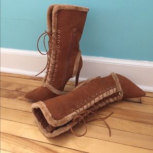 Paper Fox Brown High Heeled Boot, faux fur fringe