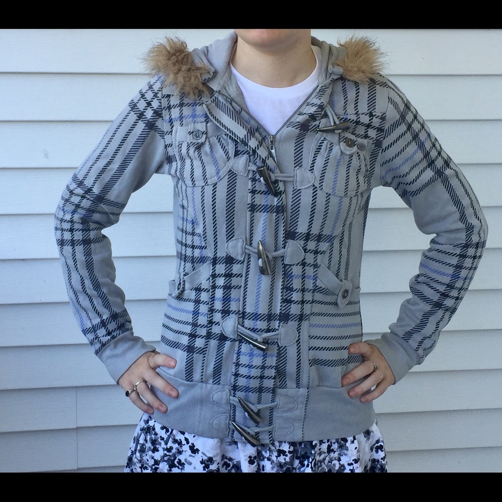 Grey Plaid Pattern O'Neill Jacket W/ Faux Fur Hood