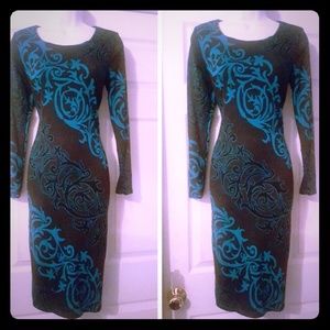 Gray&teal paisley graphic print knit sheath dress