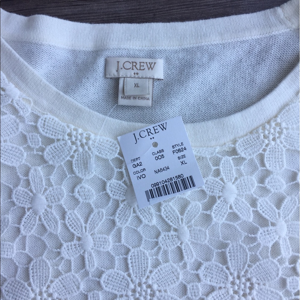 J. Crew Yoke Lace Short Sleeve Sweater Ivory XL