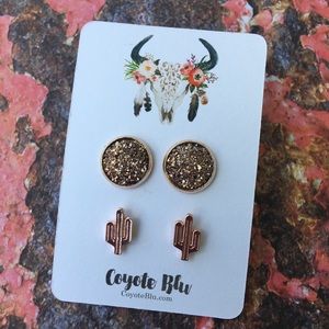 Earring Set - Rose Gold Druzy & Cactus Studs