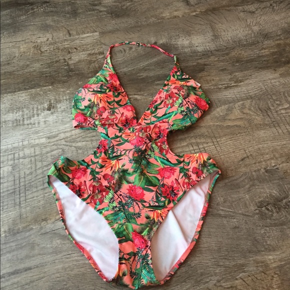 Express floral pink cut out swimsuit bathing suit - Picture 2 of 4