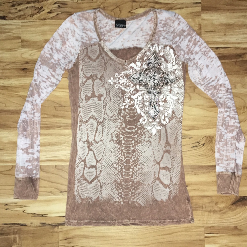 Rhinestone Embellished Cross Long Sleeved T-Shirt