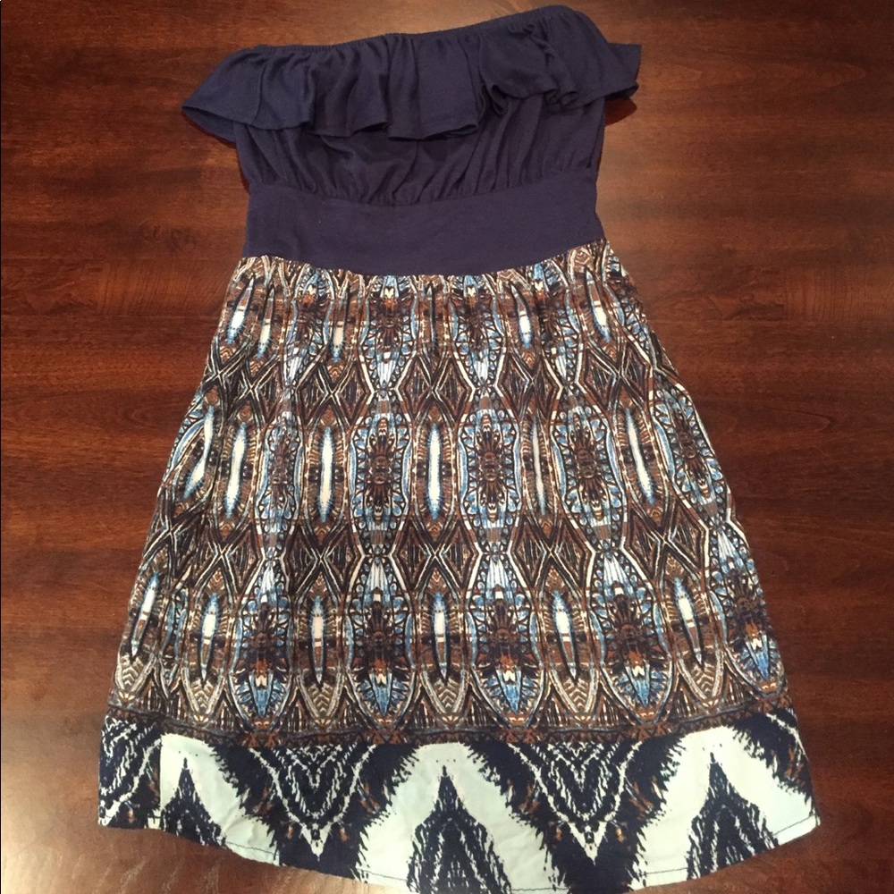 Blue Strapless dress.
