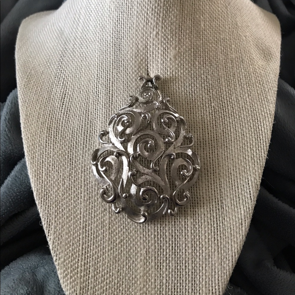 Vintage Silver TRIFARI Scroll Large Big Pendant