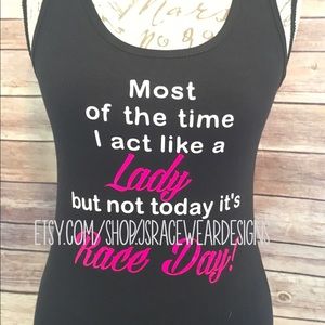 Lady on race day racerback tank NWOT