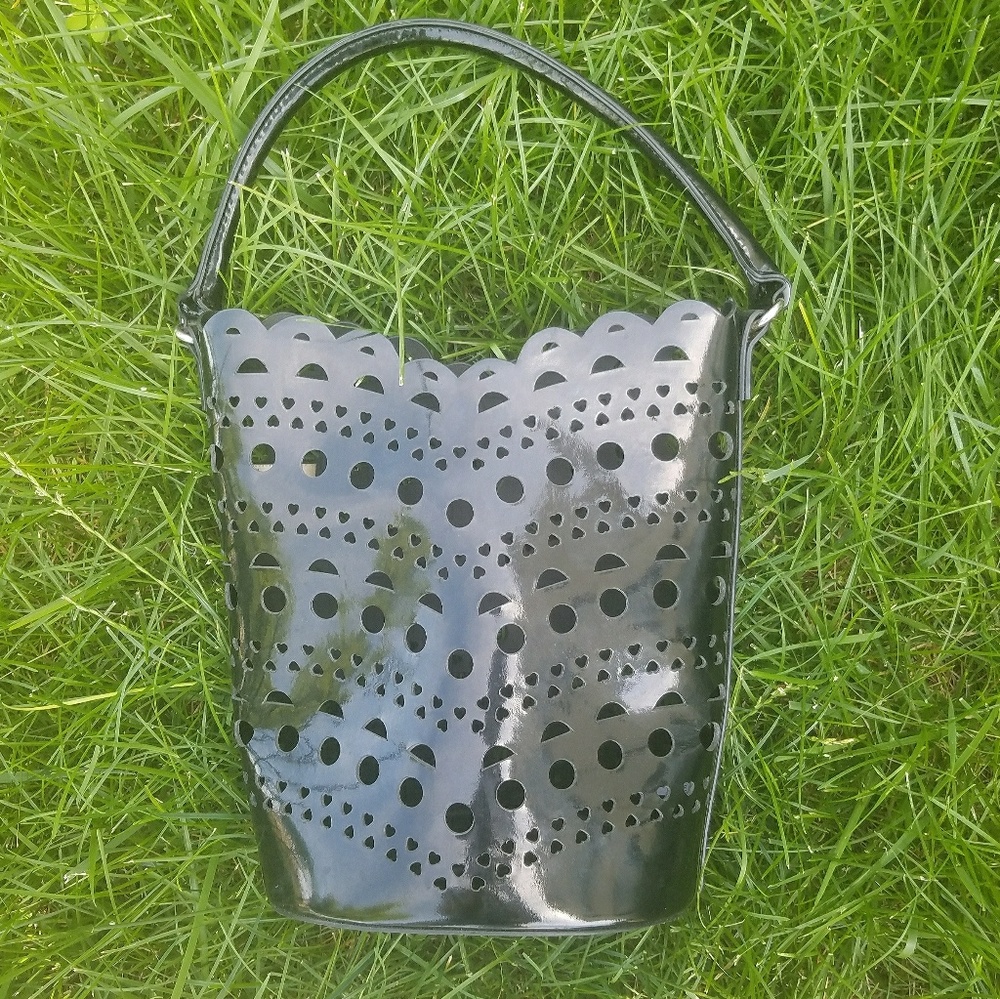 Black patent leather laser cut tote