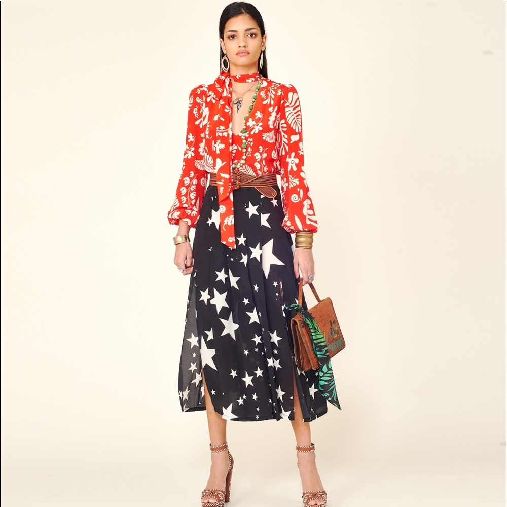 Rixo London pleated print midi skirt