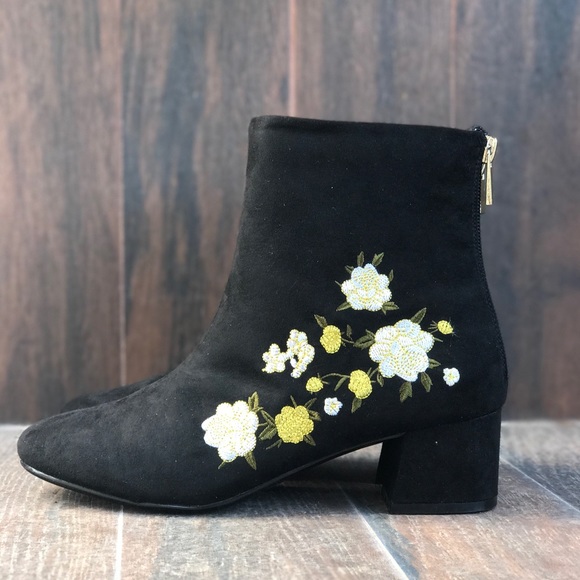 Floral Embroidered Low Chunky Block Heel Bootie - Picture 2 of 5