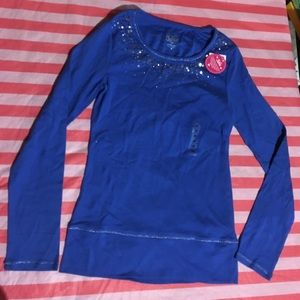 Brand new, electric blue, long sleeve shirt,