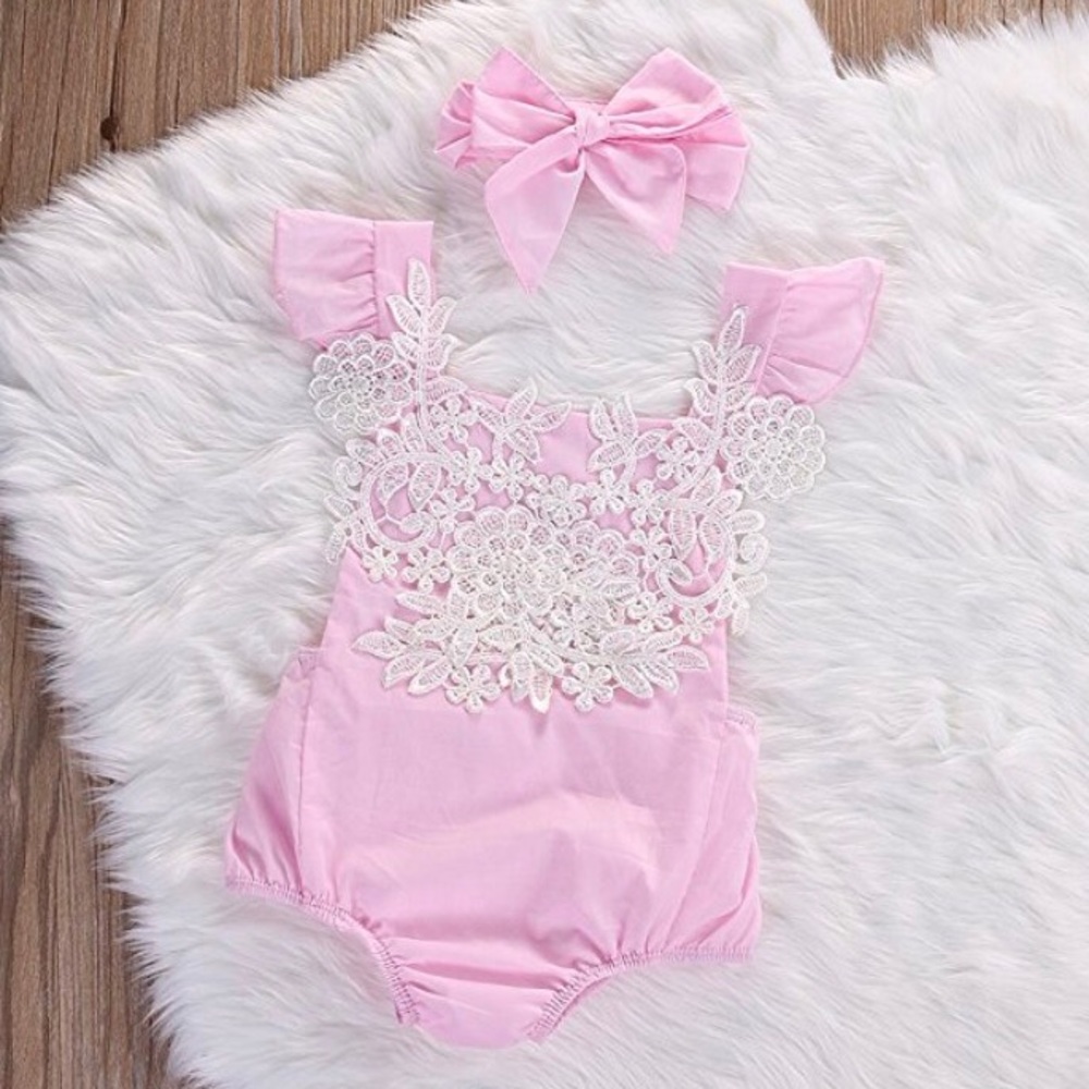 Pink with lace floral romper with headband