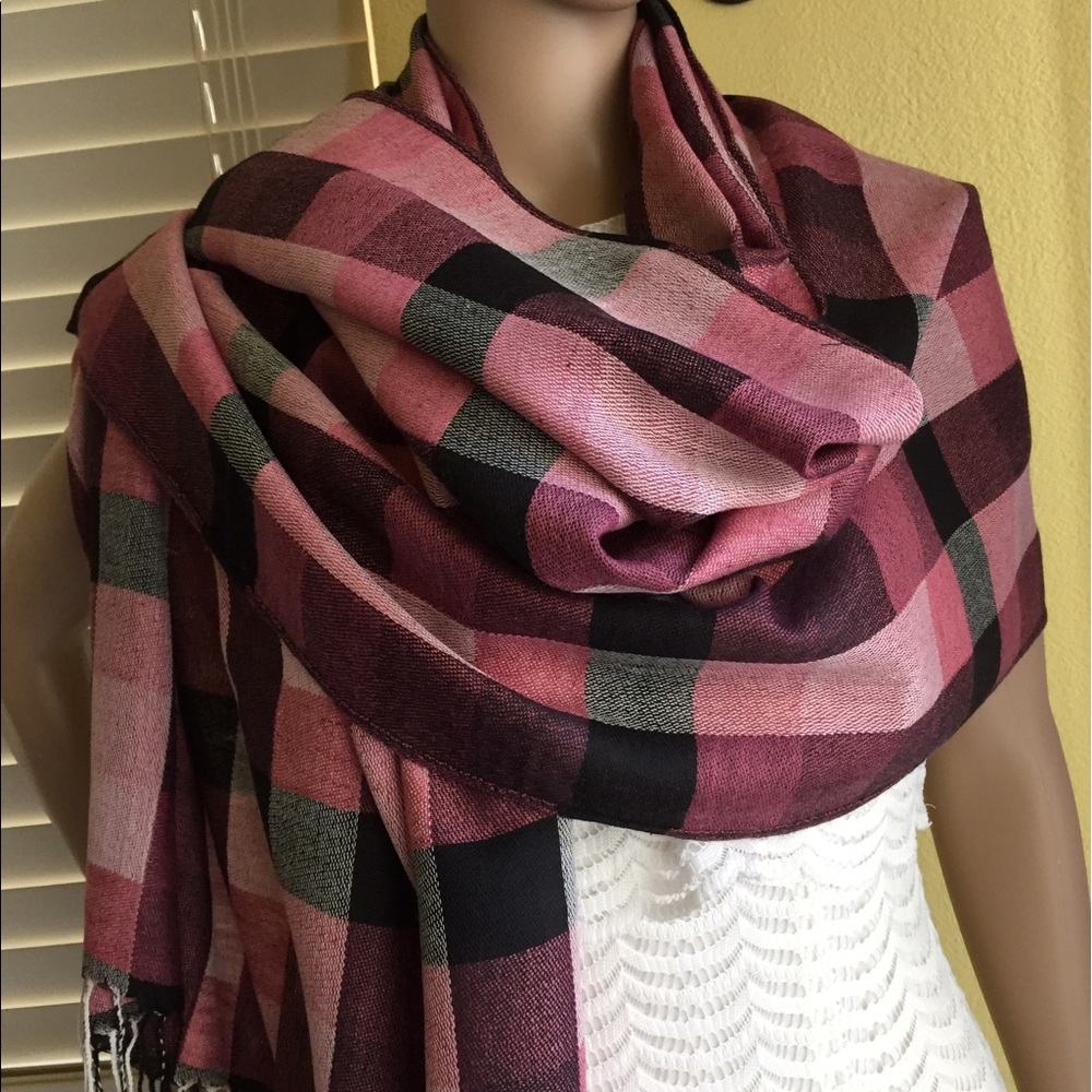 NEW-Oversized Pashmina Plaid Scarf Wrap - Picture 2 of 5