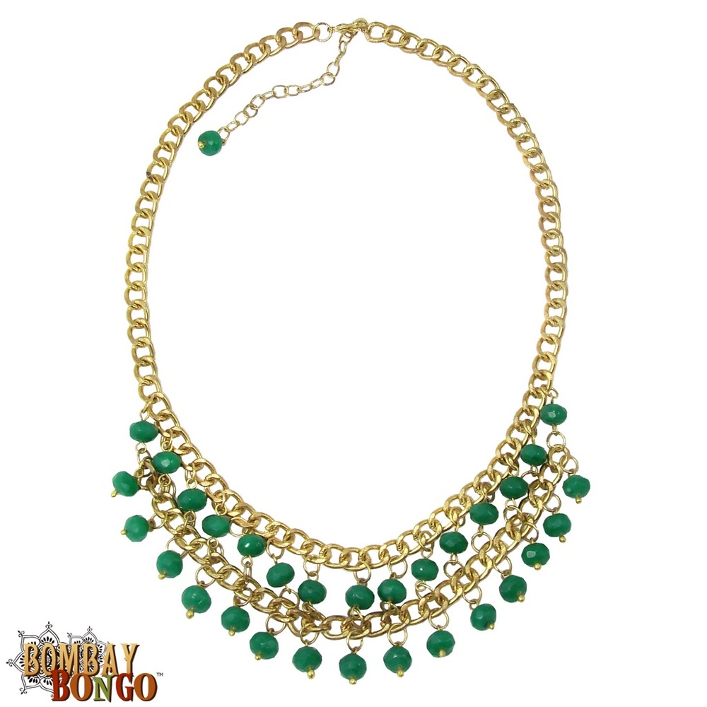 Fair Trade Necklace Green Teal Bead and Gold Brass Chain WorldFinds 18 inch + 2"