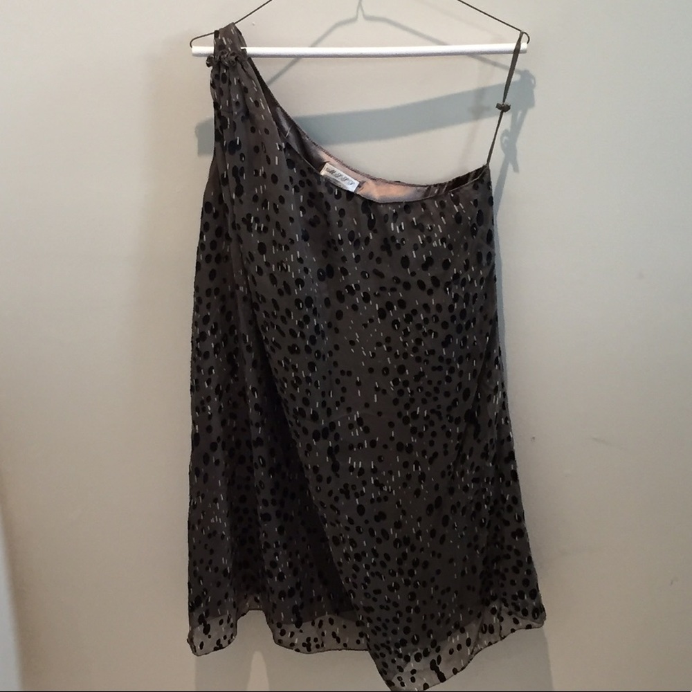 Maxx Studio. Silk Polka Dot One Shoulder Dress