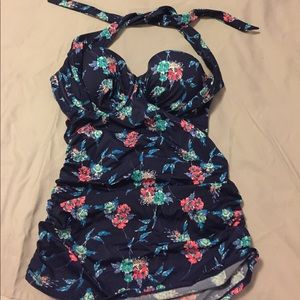 Tankini top, floral, navy blue