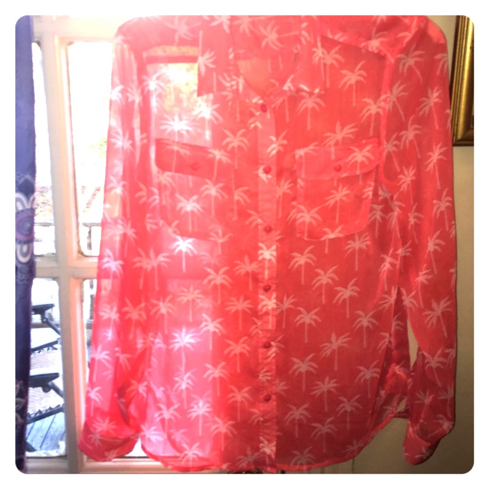 Coral Palm Tree Sheer Button-Up Shirt