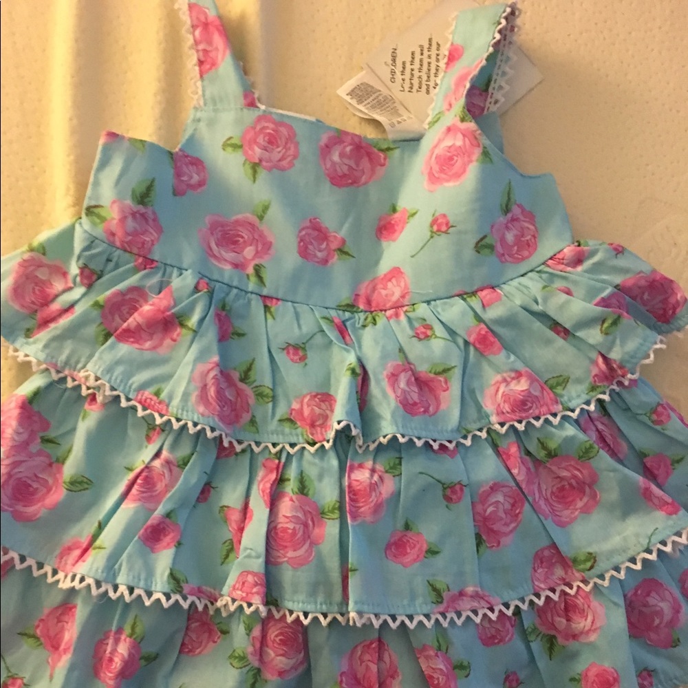 Blue flower Outfit with Pink seersucker bow