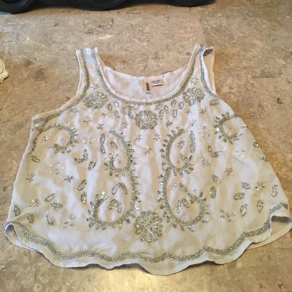 Light grey sheer top with beautiful beading