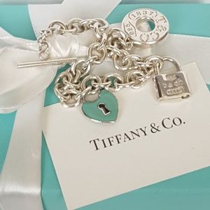 TIFFANY CO Toggle w Blue Enamel Heart/Lock