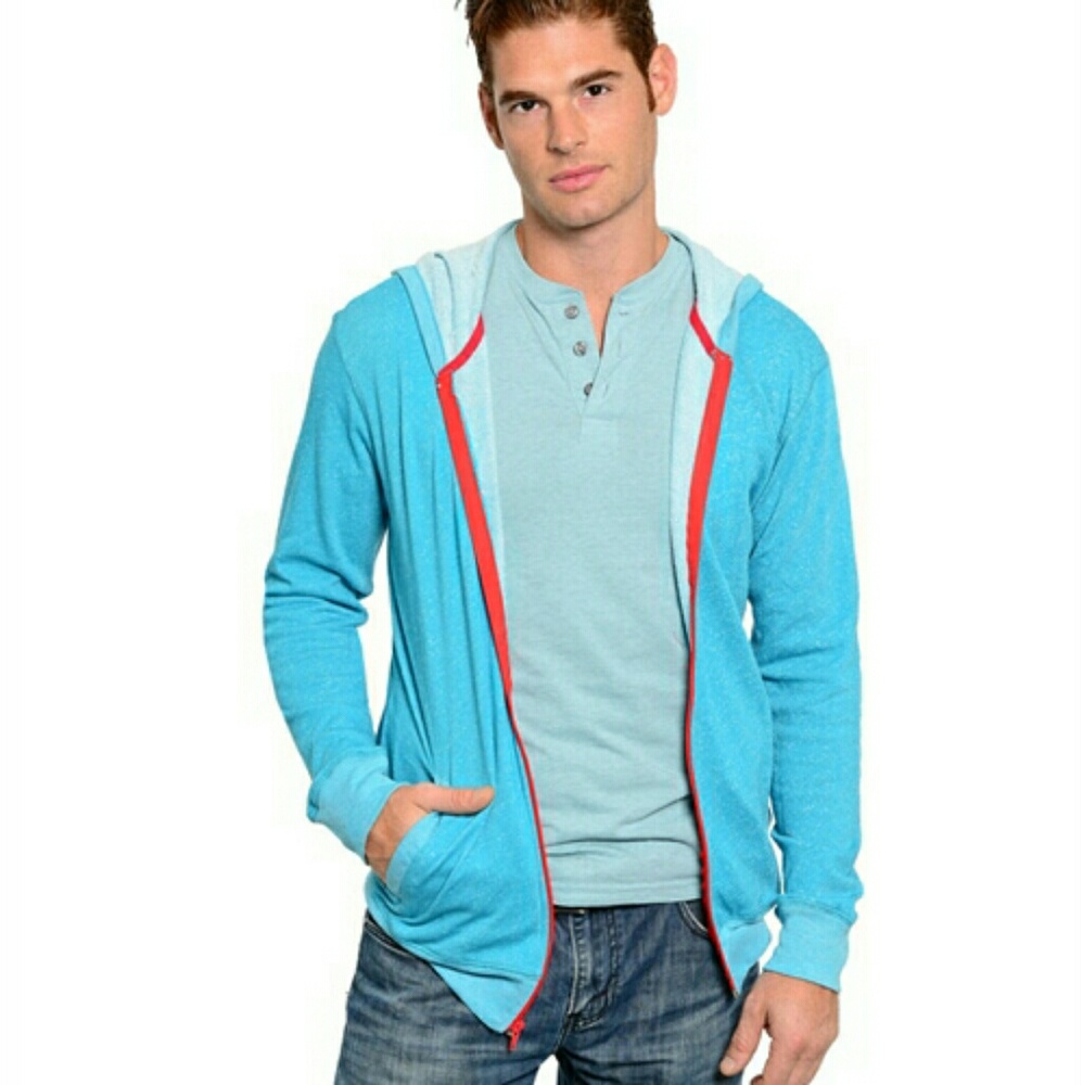 New Men's Blue Poly Cotton Red Zipper Long Sleeve