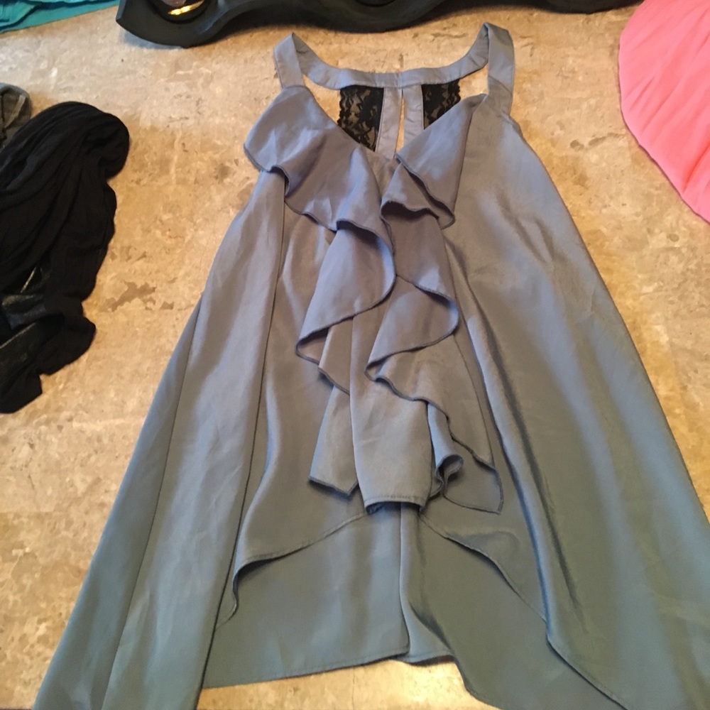 Slate blue tank top with ruffle down the front