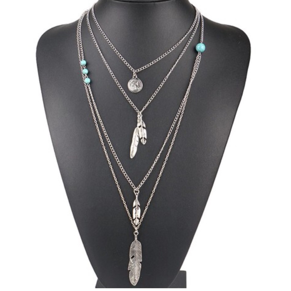 Feather Charm Turquoise Beads Silver Long