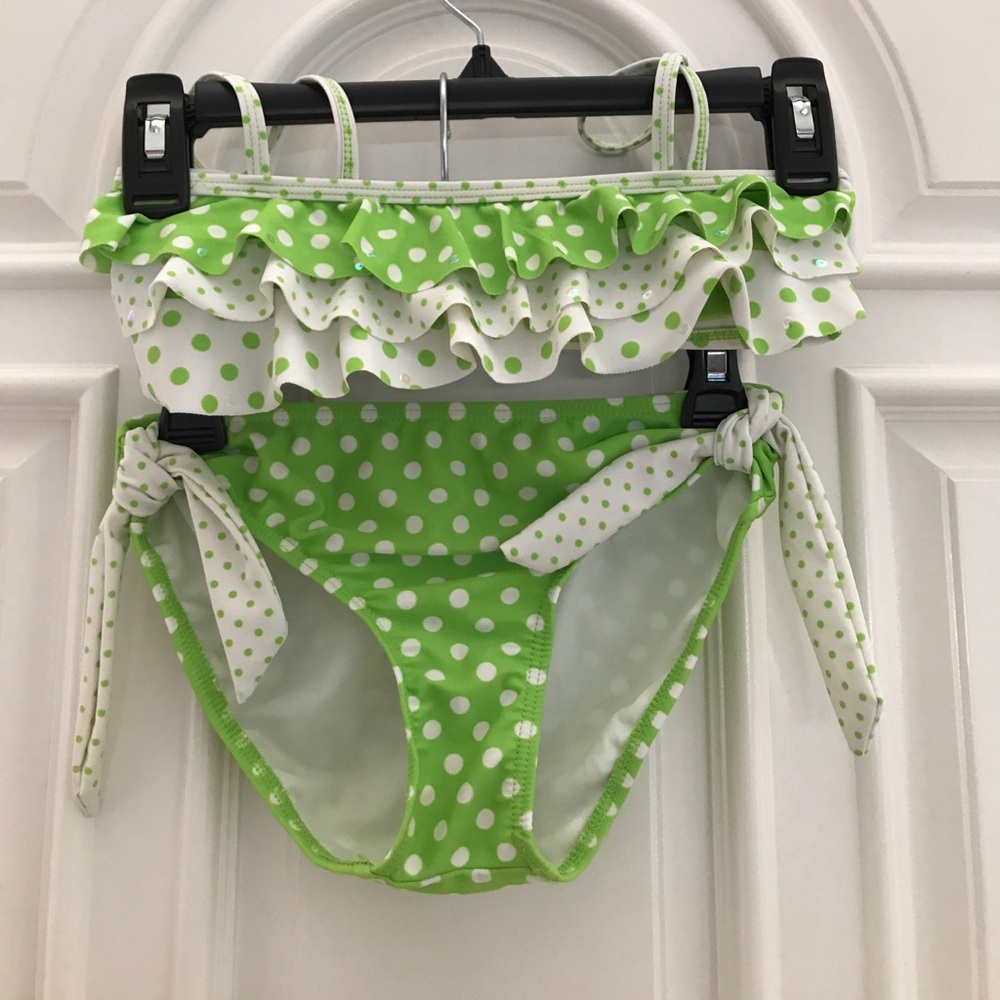 Girls green and white Justice polka dot bikini