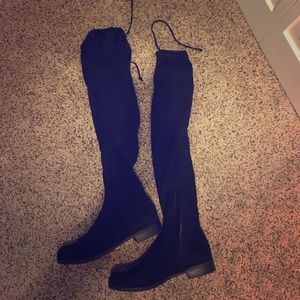 Black faux velvet knee-high boots