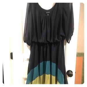 Navy knee length dress with teal & green accents