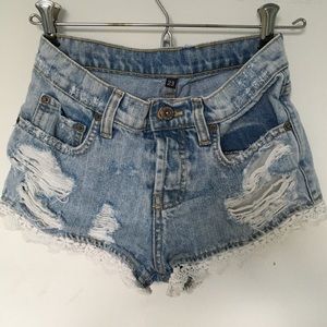 CARMAR Denim Lace Hem Mid-Rise Shorts
