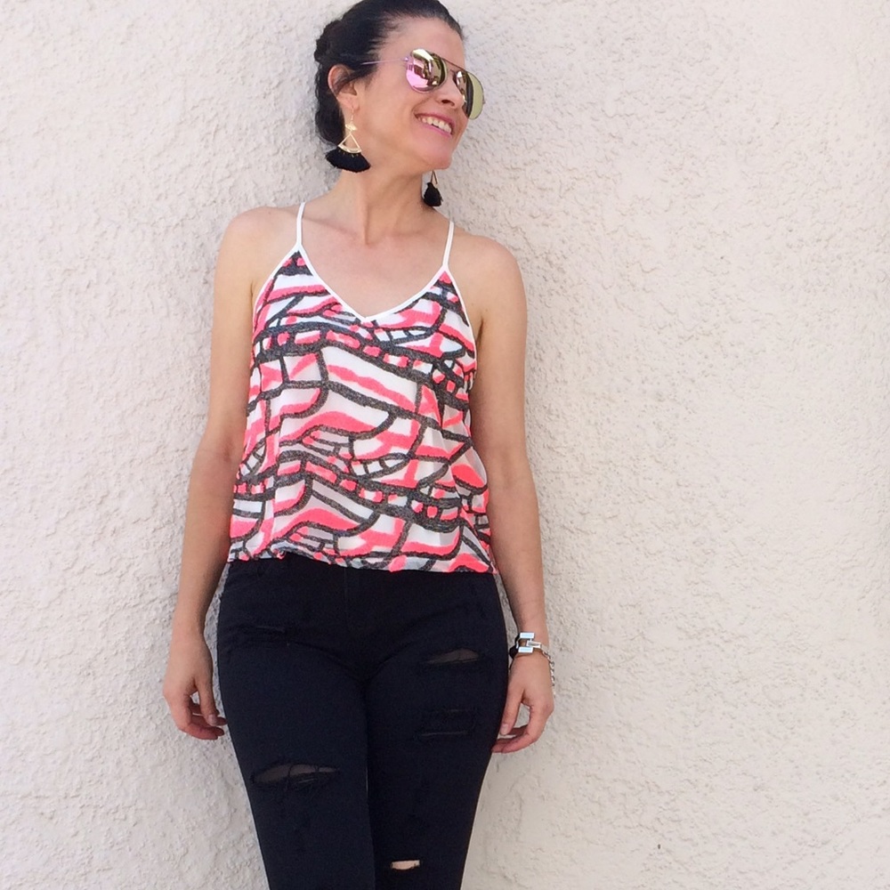 ASTR Neon Pink Black Sequin Tank Top Small