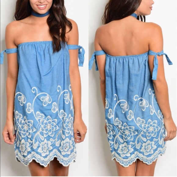 faayys Dresses & Skirts - 🆕 Chambray Floral Embroidered Off Shoulder Dress