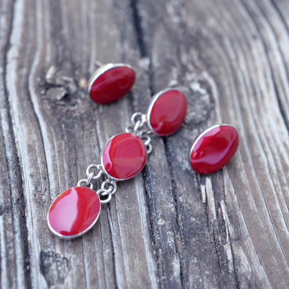 925 & Faux Red Coral Earrings and Pendant