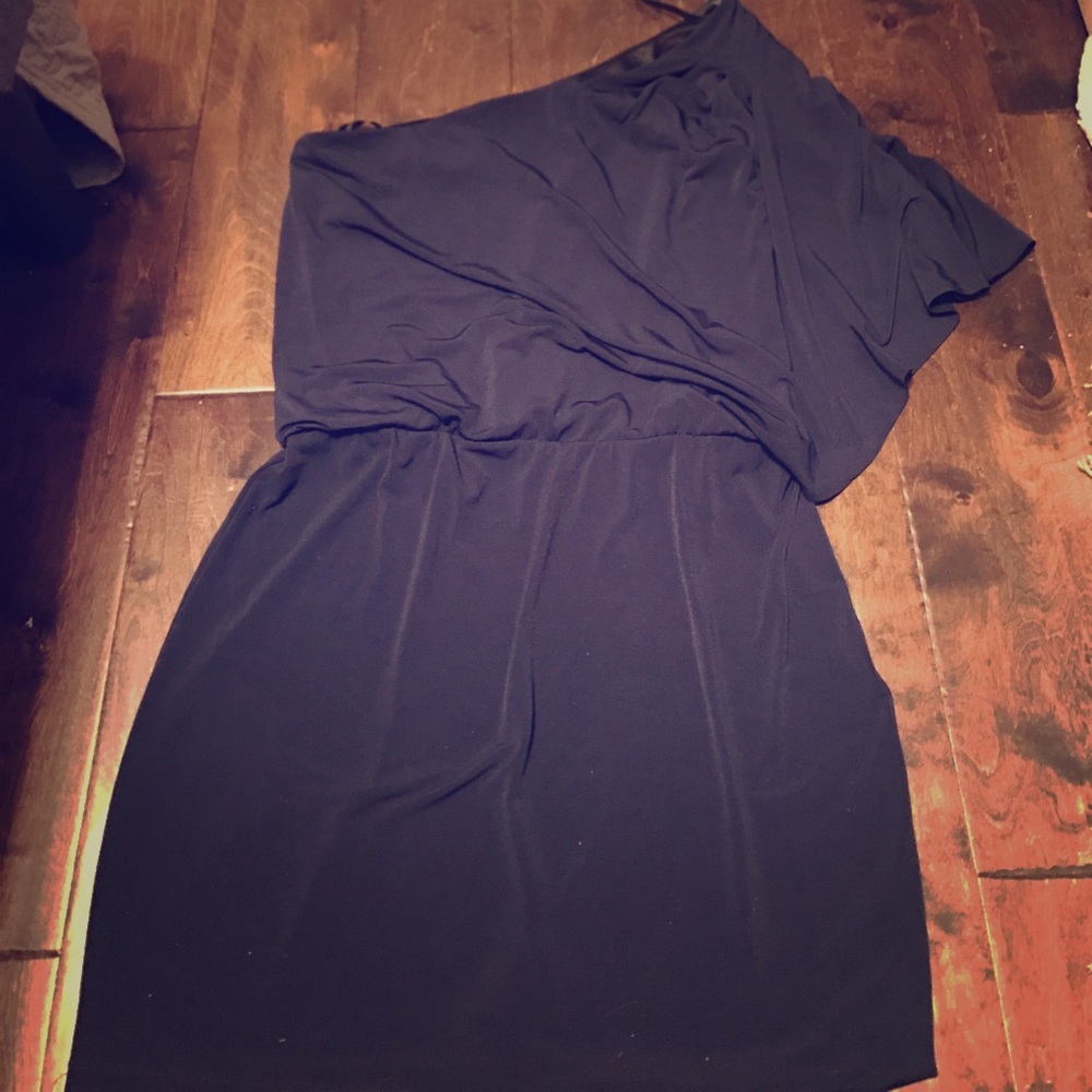 Navy one sleeve body con dress