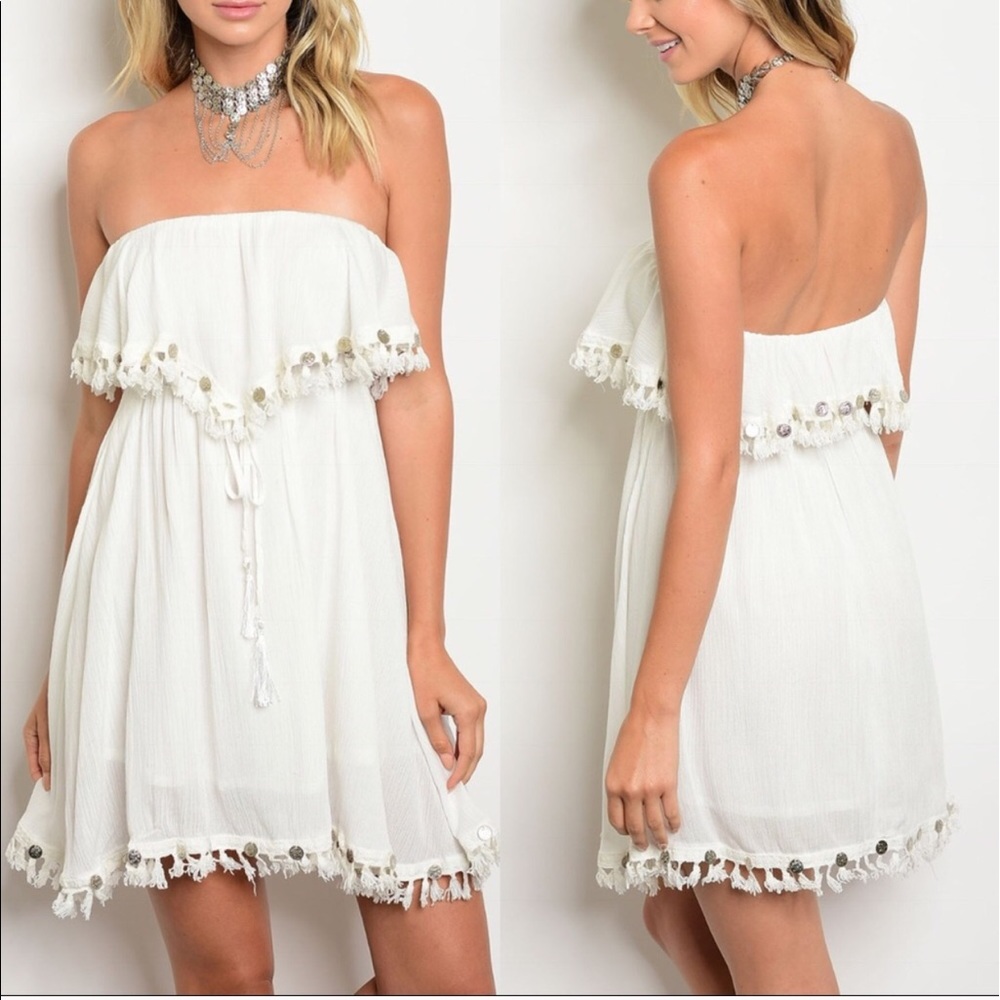 🆕 Ivory Ruffle Strapless Dress with Tassel Detail