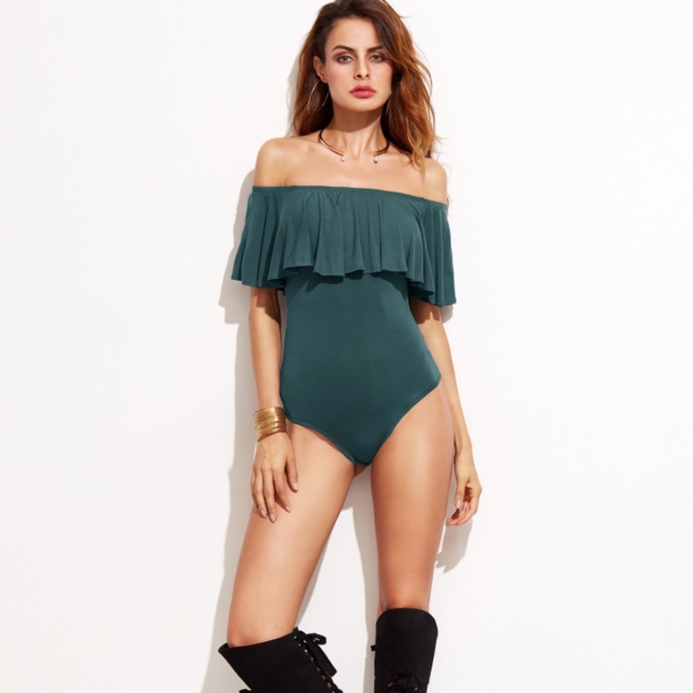 Green Flounce Off Shoulder Bodysuit