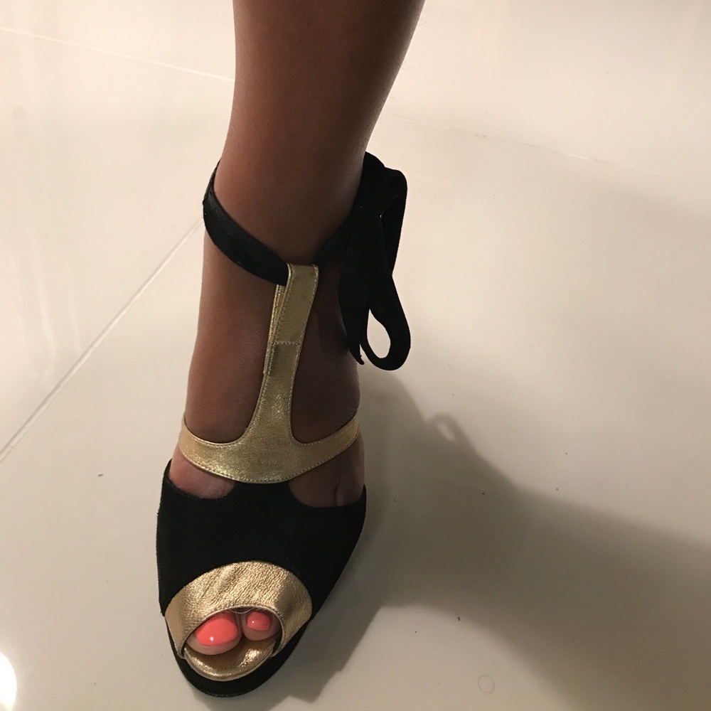 Elegant Black and Gold T-Strap Heel