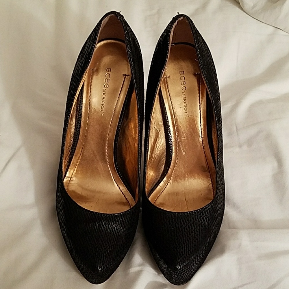 Black snake skin pattern BCBG heels