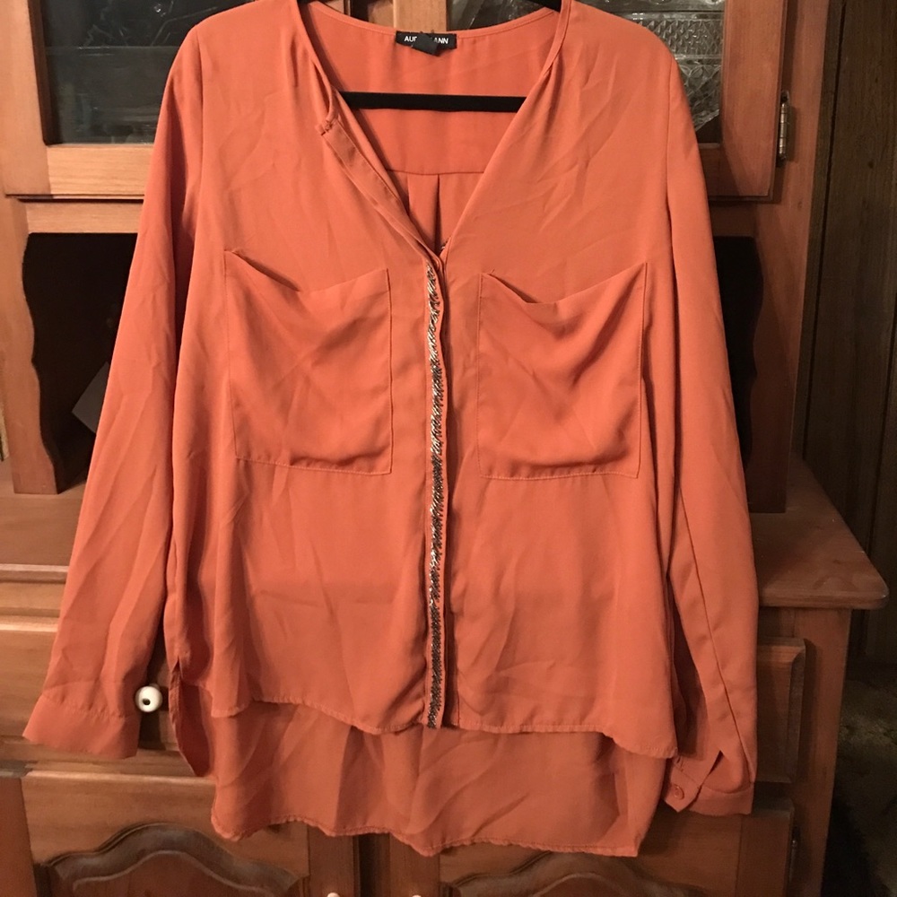 Burnt orange sequin button down top L