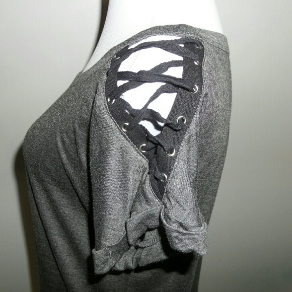 {LAST 2} Gray Blouse Lace-up Shoulders - Picture 4 of 8