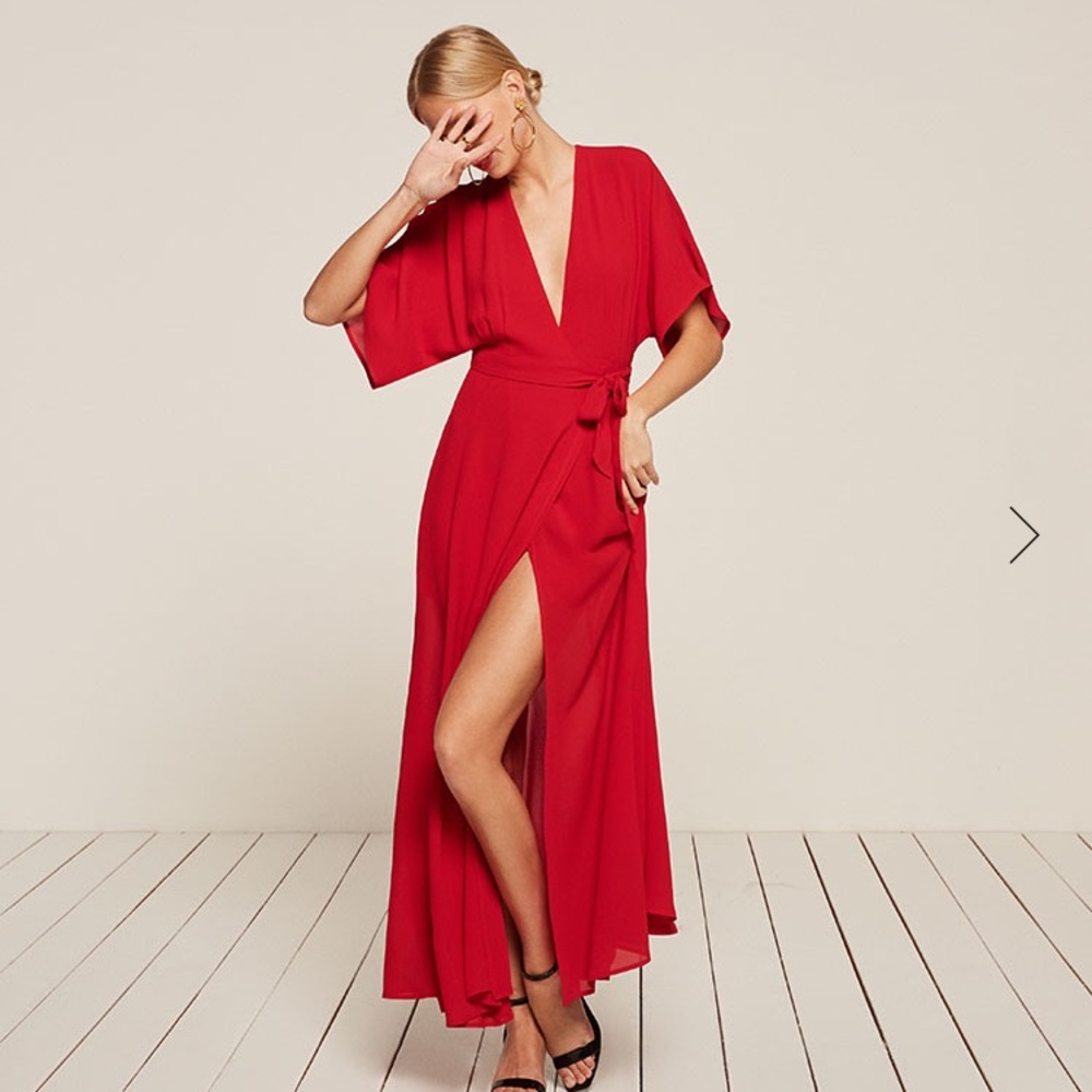Reformation plunging neckline red dress