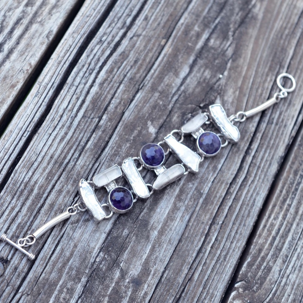 925 Amethyst, Bigwa Pearl, and Quartz bracelet
